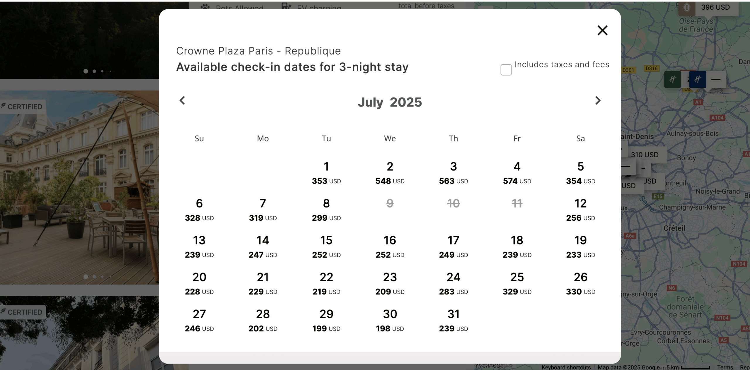 IHG calendar of available dates in Paris in July 2025